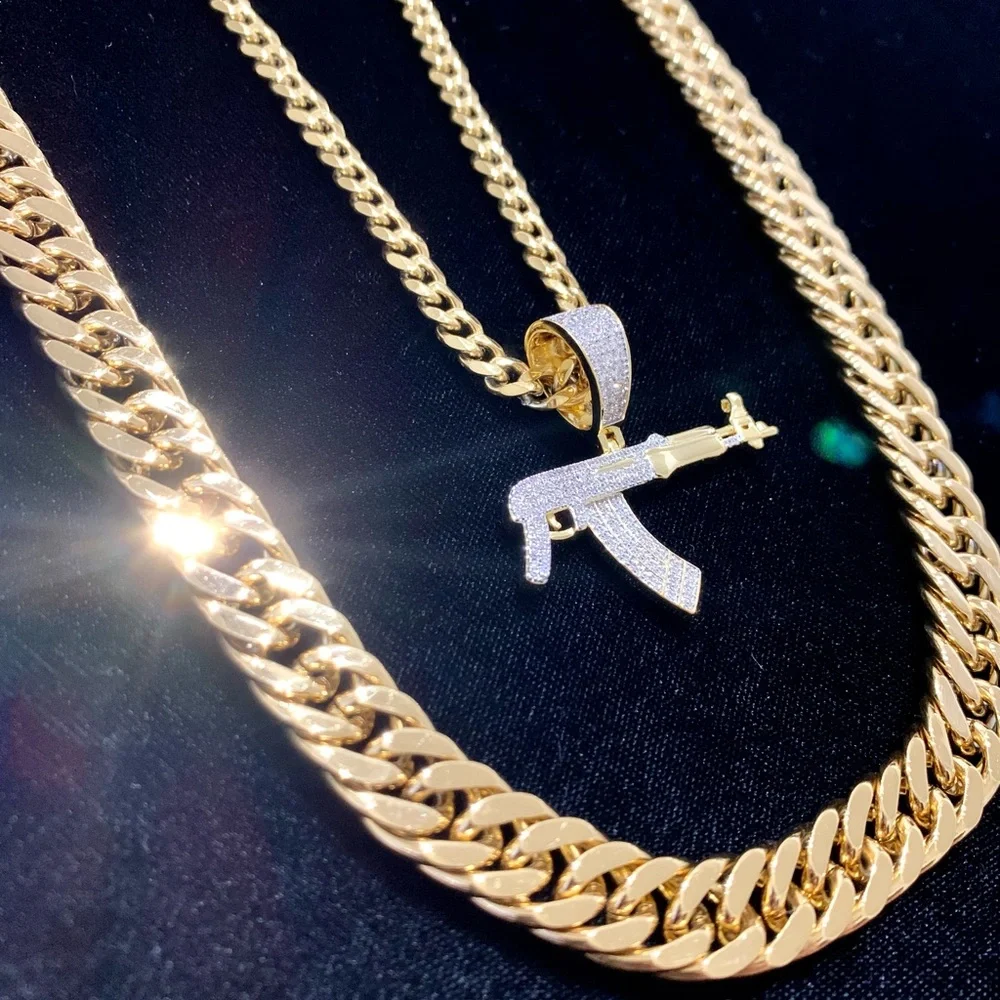 NEW 18K GOLD CUBAN LINK CHAIN AK 47 CHARM LAB DIAMONDS ITALY *LIFETIME WARRANTY*